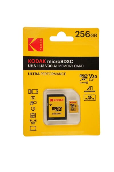 Kodak 256GB UHS-I U3/V30/A1 Micro SD Hafıza Kartı + Adaptör (Sarı)