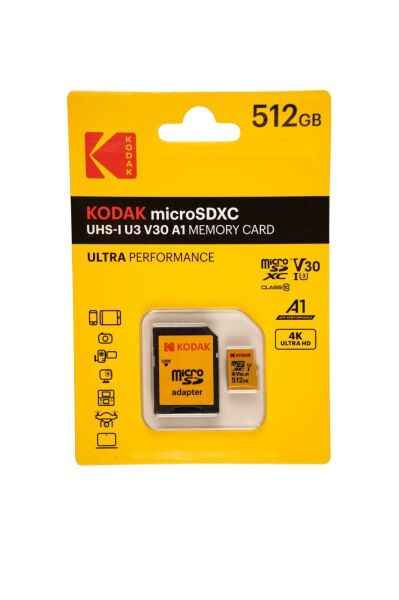 Kodak 512GB Micro SD UHS-I U3/V30/A1 Yellow Kart + Adaptör