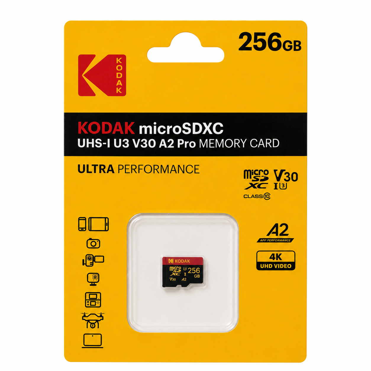 Kodak 256GB UHS-I U3 A2 V30 PRO Micro SD Hafıza Kartı  (Pocket Kameralarla Uyumlu) (160MB/s - 145MB/s)