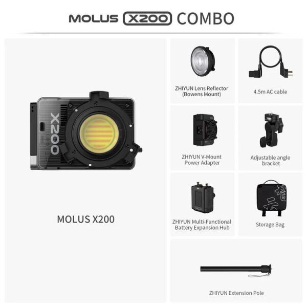 Zhiyun Molus X200 200W COB Taşınabilir LED Işık Siyah Combo Paket