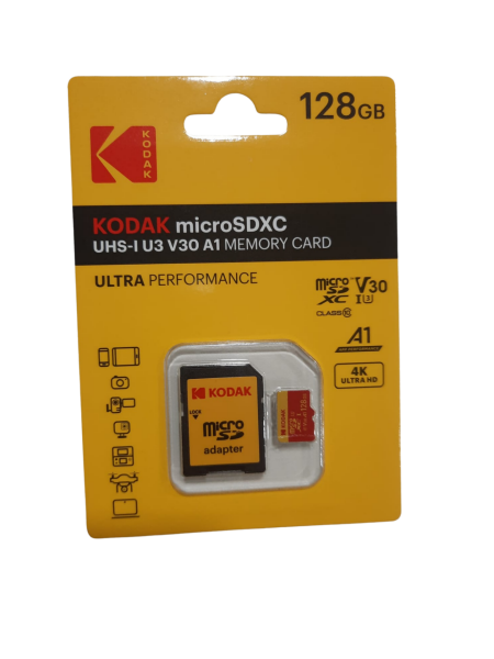 Kodak 128GB UHS-I U3/V30/A1 Micro SD Hafıza Kartı + Adaptör (Kırmızı)