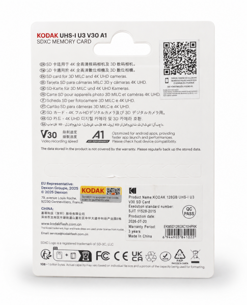 Kodak 128GB UHS-I U3 V30 A1 SD Hafıza Kartı
