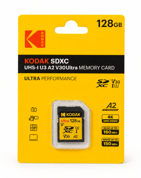 Kodak 128GB UHS-I U3 A2 V30Ultra DDR SD Hafıza Kartı (160MB/s - 150MB/s)