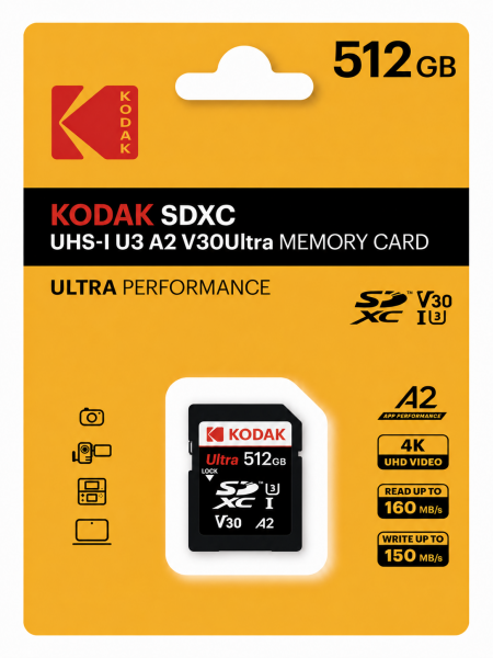 Kodak 512GB UHS-I U3 A2 V30Ultra DDR SD Hafıza Kartı (160MB/s - 150MB/s)