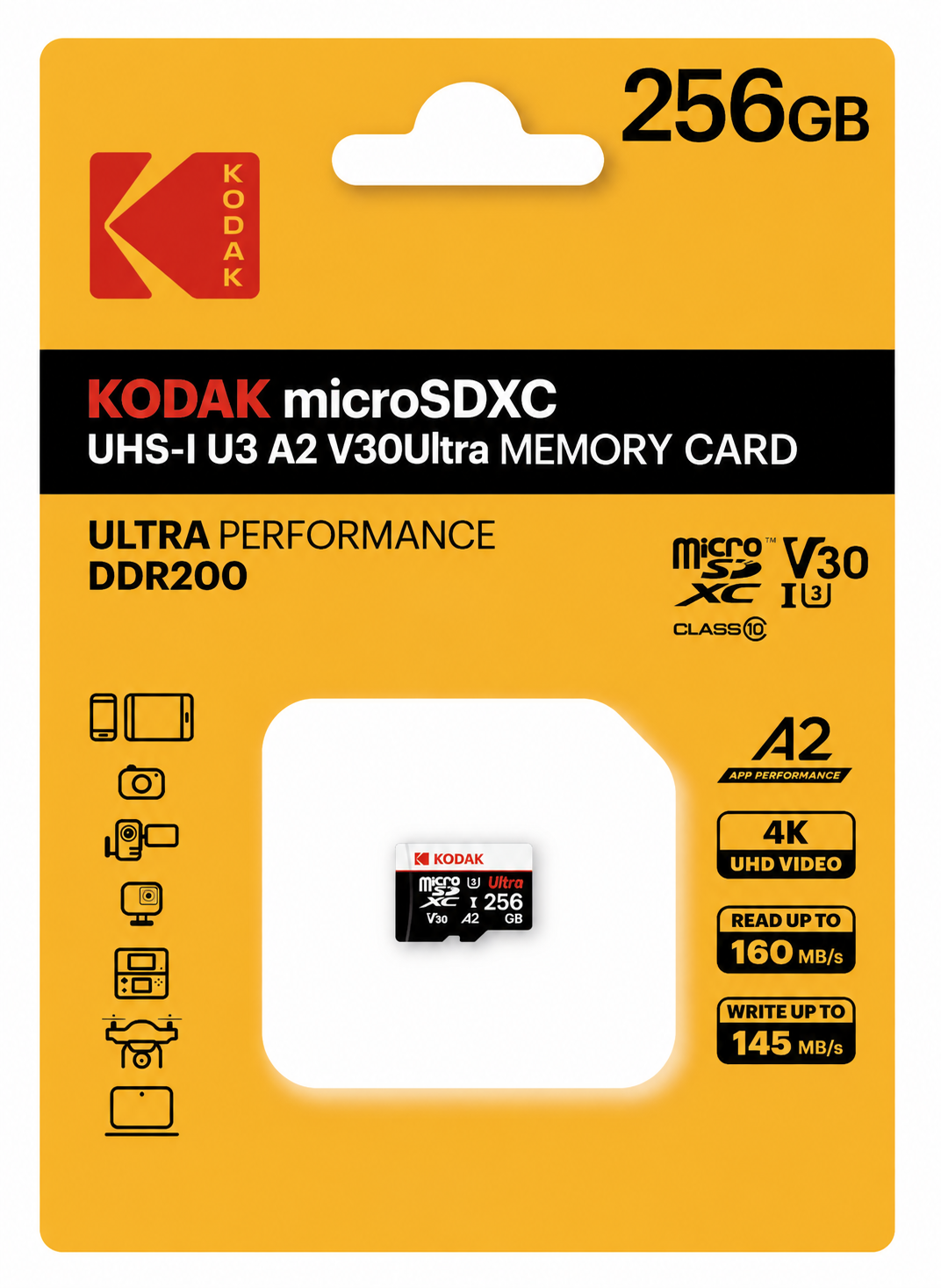 Kodak 256GB UHS-I U3 A2 V30Ultra Micro SD Hafıza Kartı  (Pocket Kameralarla Uyumlu) (160MB/s - 145MB/s)