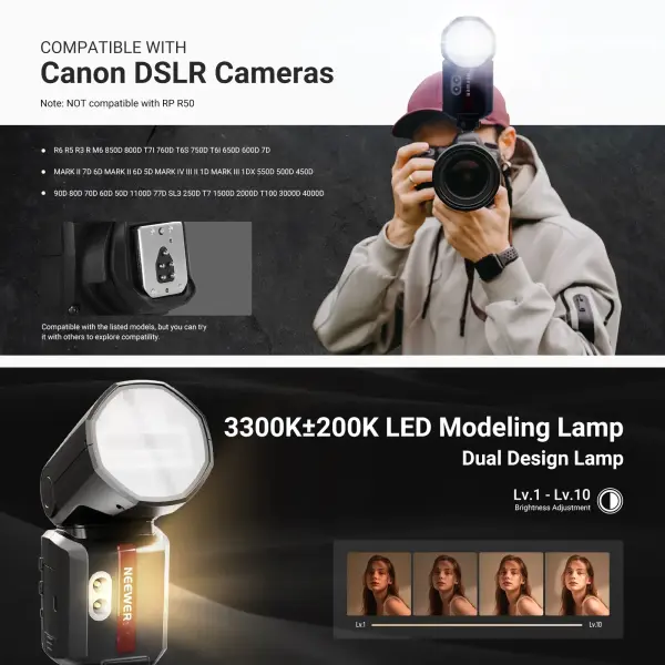 Neewer Z3R-C Canon Uyumlu 100W Yuvarlak Kafa Akülü Tepe Flaşı