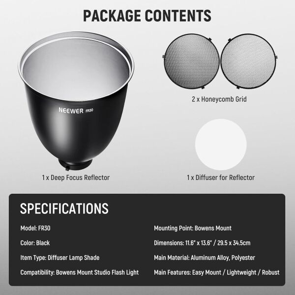 Neewer FR30 11.6'' 29.5cm Deep Focus Reflektör ve Petek Seti