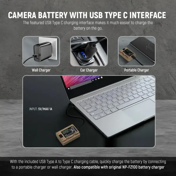 Neewer 2400mAh NP-FZ100 Yedek Batarya USB-C (Sony Uyumlu)