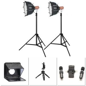 PDX KY-BKO323 İkili LED Işık, Lensgo TC7 Prompter, PDX V5 İkili Mikrofon ve Tripod Kit
